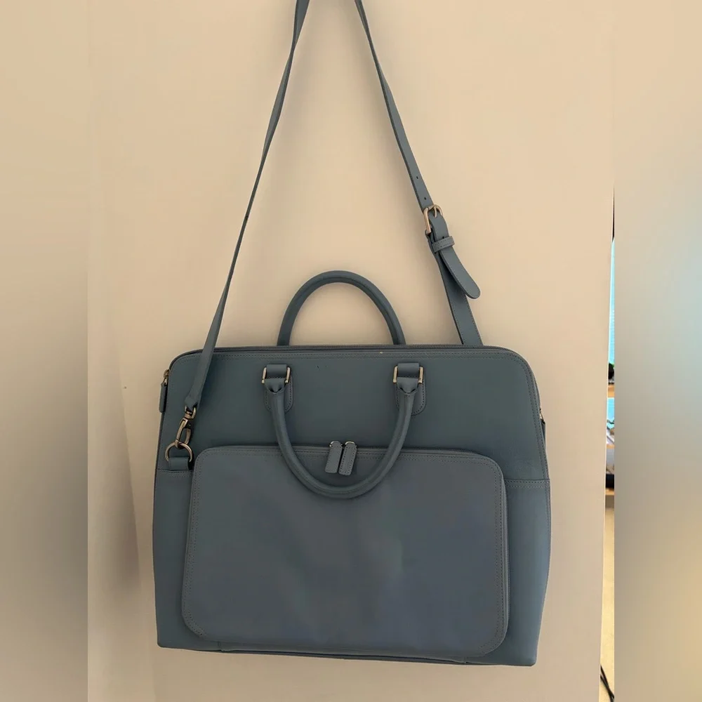 Levenger 100% Leather Light Blue Briefcase with Removable Shoulder Strap $450